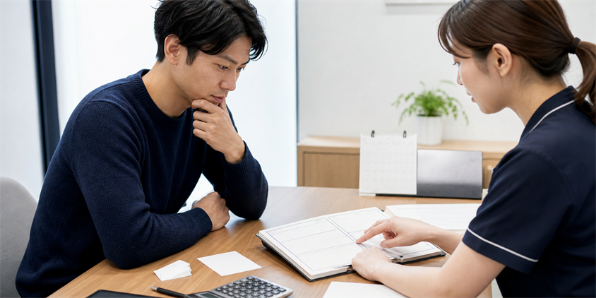 ヒゲ脱毛の割引条件と総額を確認する男性
