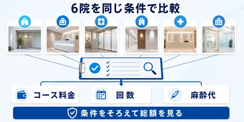 7院のコース料金・回数・麻酔代を同じ条件で比較する図解