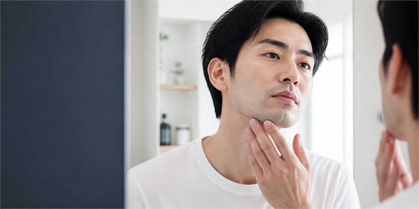 青髭を鏡で確認する男性