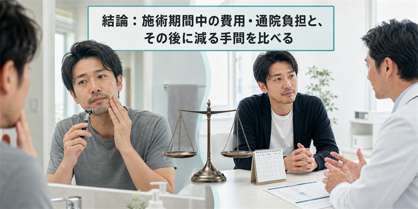 結論：施術期間中の費用・通院負担と、その後に減る手間を比べる