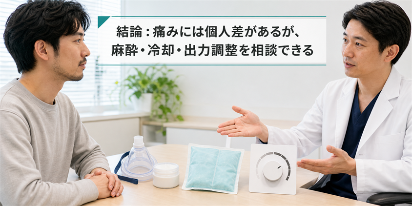 結論：痛みには個人差があるが、麻酔・冷却・出力調整を相談できる