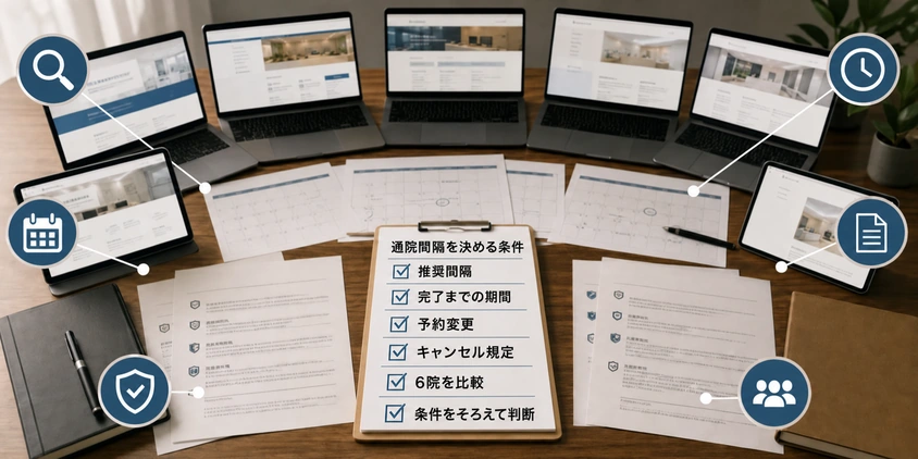 6院の推奨間隔・完了期間・予約変更・キャンセル規定を比較する図解