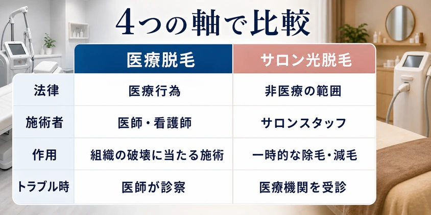 医療脱毛とサロン光脱毛を4つの軸で比較した図解