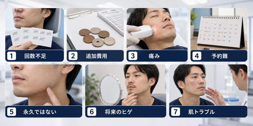 ヒゲ脱毛で後悔する7つの理由を示すフォトリアルな図解