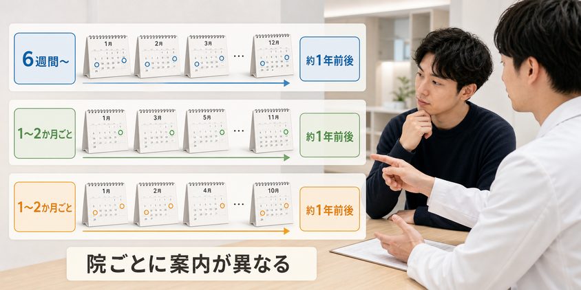 クリニック公式案内によるヒゲ脱毛の照射間隔と完了期間の違いを比較する図解