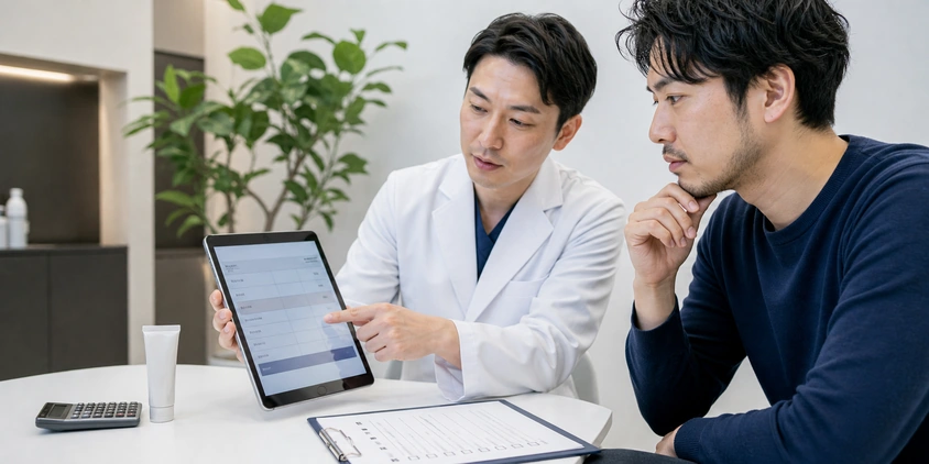 麻酔代と適用条件を含む総額を確認する男性