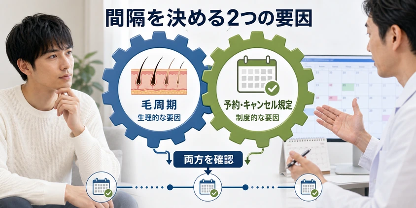 ヒゲ脱毛の間隔を決める毛周期と予約規定の2要因を示す図解
