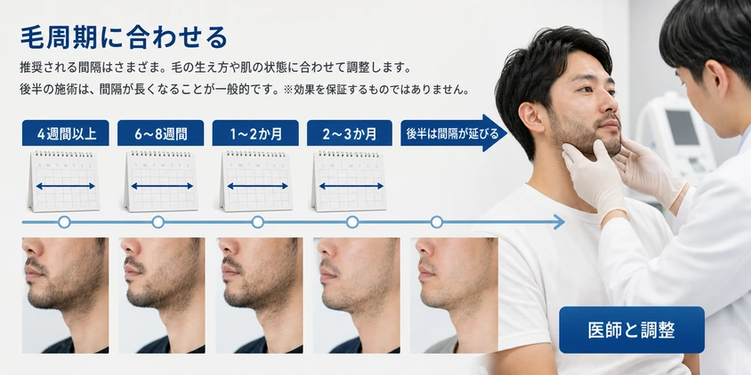 院ごとに異なる推奨間隔と後半ほど間隔が延びることを示す図解