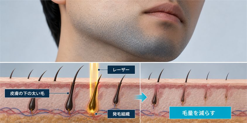 青髭と医療レーザー脱毛の仕組みを示す図解