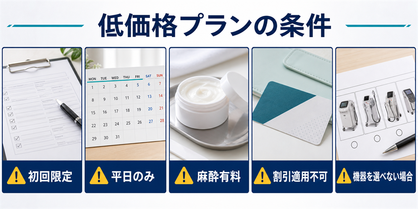 ヒゲ脱毛の低価格プランに付く条件の図解