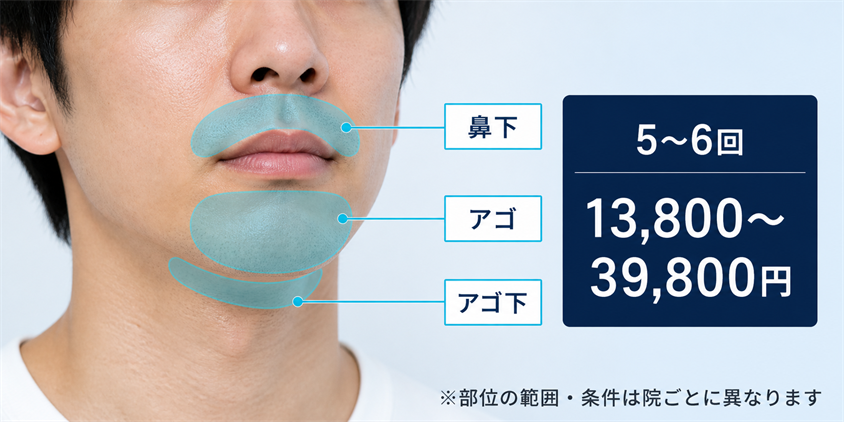 医療ヒゲ脱毛3部位の範囲と料金目安の図解