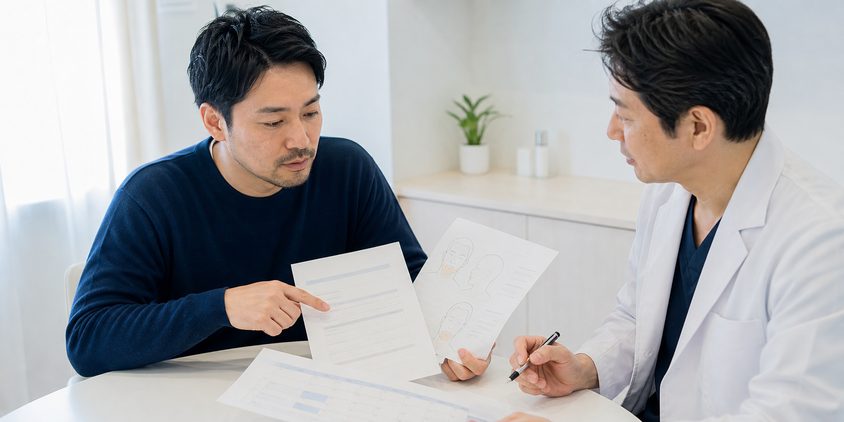 ヒゲ脱毛の契約前に見積書と照射範囲を医師へ確認する男性