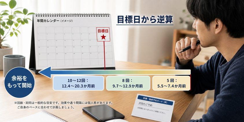目標日からヒゲ脱毛の開始時期を逆算するカレンダー図解