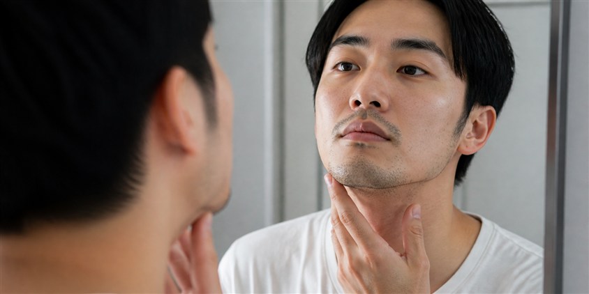6回のヒゲ脱毛後に残ったヒゲを鏡で確認する男性