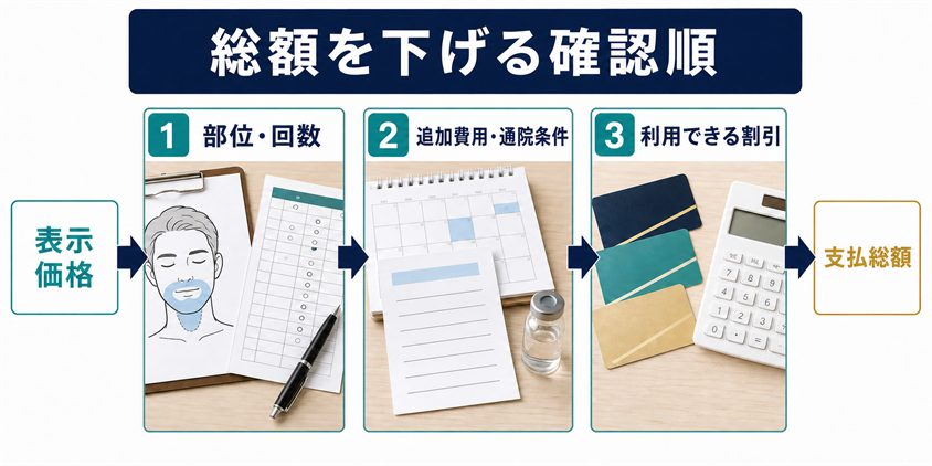ヒゲ脱毛の支払総額を下げる確認順の図解