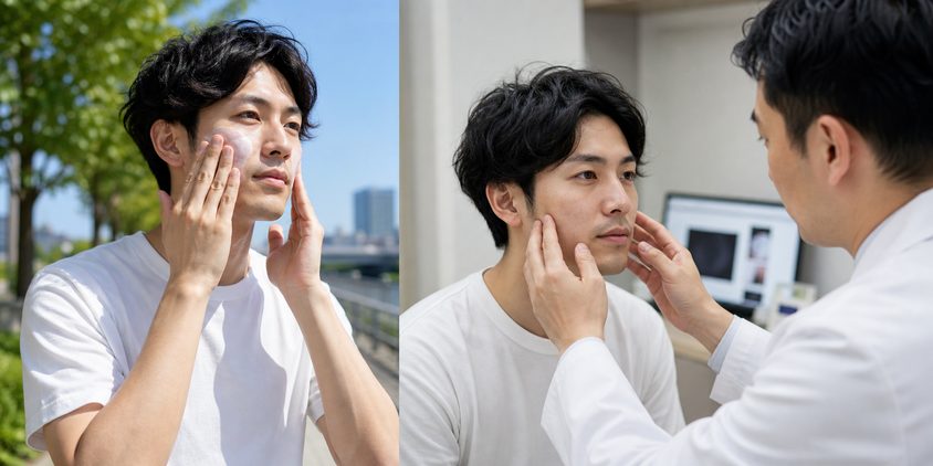 日焼け対策をして医師に肌状態を確認してもらう男性