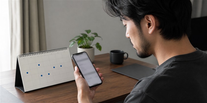 6回のヒゲ脱毛予定をスマートフォンとカレンダーで管理する男性