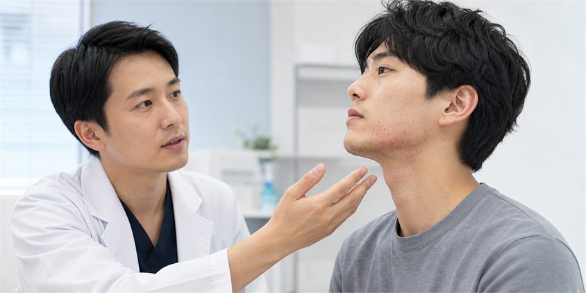 ヒゲ脱毛前に皮膚症状を医師へ相談する男性