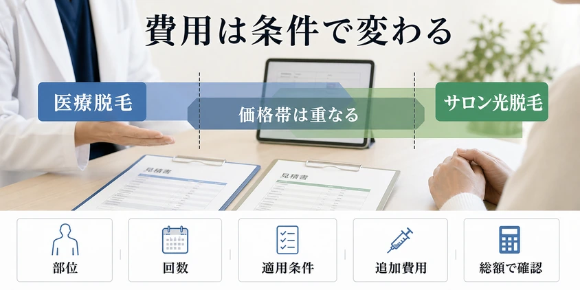 医療脱毛とサロン光脱毛の費用を条件と総額で比べる図解