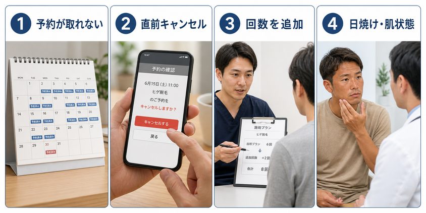 ヒゲ脱毛の期間が延びる予約・キャンセル・追加回数・日焼けの4原因