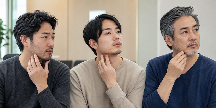 毛量や年齢などによりヒゲ脱毛の効果に個人差があることを示す3人の男性