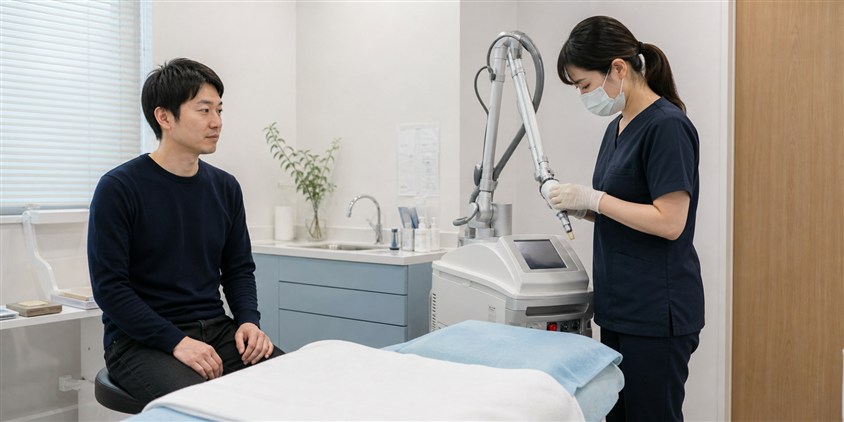 医療レーザー脱毛機を準備するスタッフと男性患者