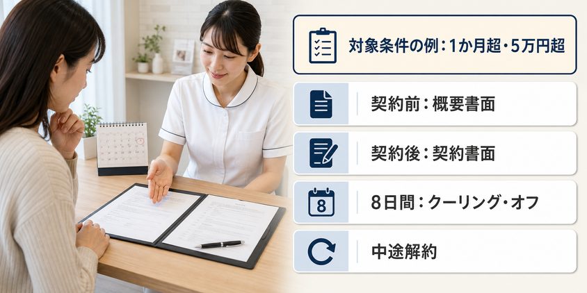美容医療契約の対象条件と書面・クーリングオフ・中途解約を示す図解