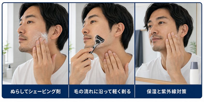 青髭を悪化させない剃り方とケアの図解