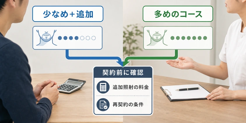少なめのコースと多めのコースを追加料金・再契約条件で比べる図解