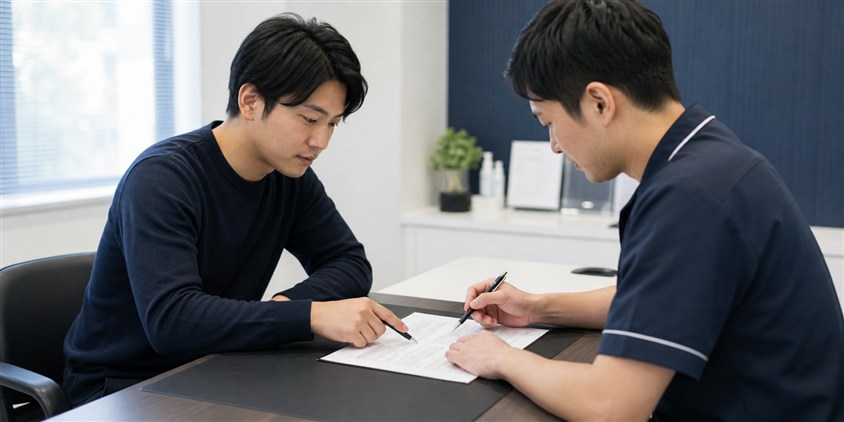 ヒゲ脱毛の予約変更と契約条件をスタッフと確認する男性