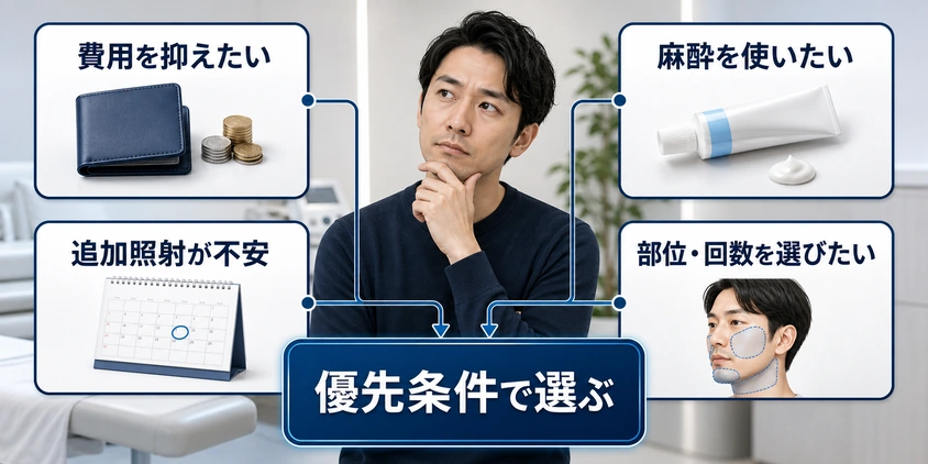 優先条件からヒゲ脱毛クリニックを選ぶ図解