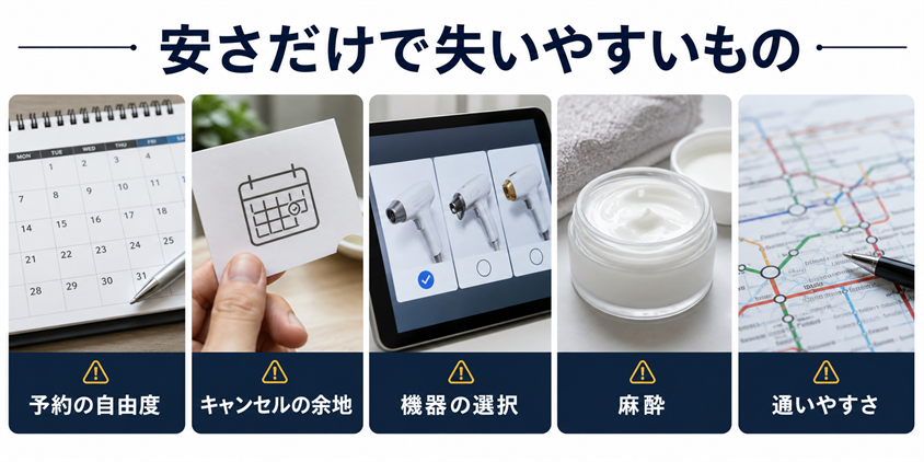 ヒゲ脱毛を安さだけで選ぶと失いやすい条件の図解