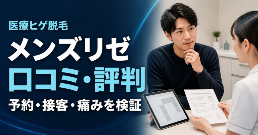 「医療ヒゲ脱毛 メンズリゼ 口コミ・評判 予約・接客・痛みを検証」の文字と、予約条件と痛みへの対応を相談する男性