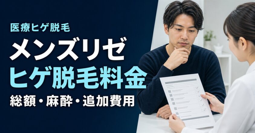 「医療ヒゲ脱毛 メンズリゼ ヒゲ脱毛料金 総額・麻酔・追加費用」の文字と、見積もりを確認する男性