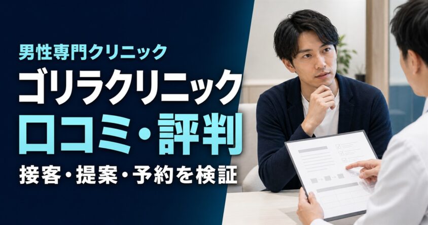 「男性専門クリニック ゴリラクリニック 口コミ・評判 接客・提案・予約を検証」の文字と、医療スタッフへ相談する男性
