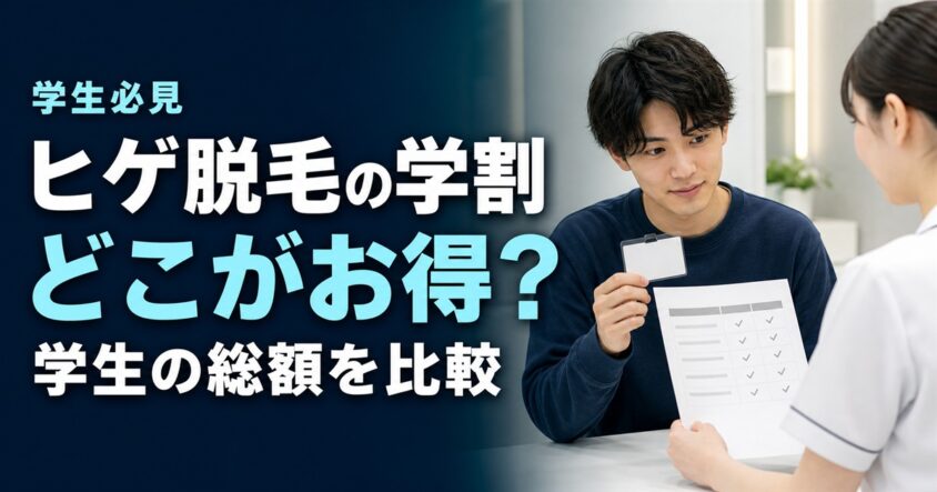 「学生必見 ヒゲ脱毛の学割 どこがお得？ 学生の総額を比較」の文字と、学割条件を相談する男子学生