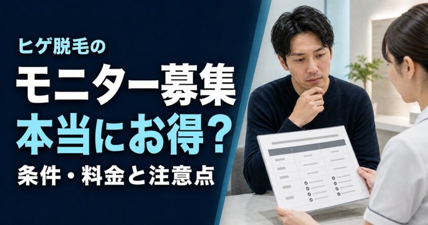 「ヒゲ脱毛のモニター募集 本当にお得？ 条件・料金と注意点」の文字と、モニター契約条件を確認する男性