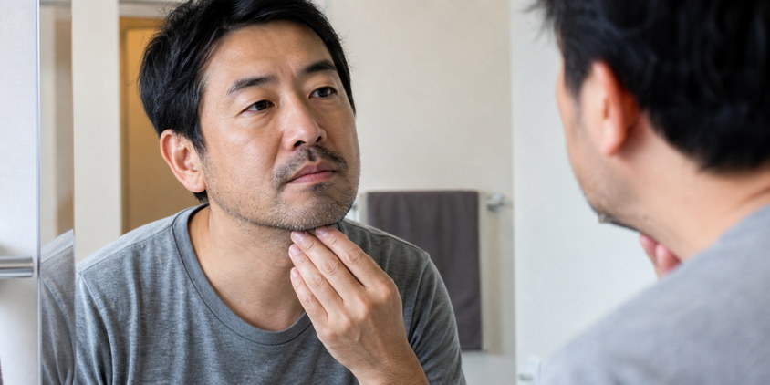 鏡で黒いヒゲと白髪の状態を確認する40代男性