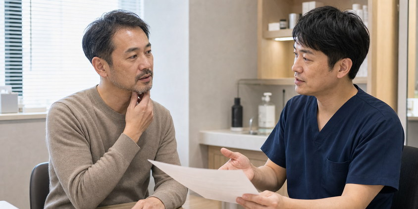 40代男性が医師とヒゲ脱毛の条件を確認するカウンセリング