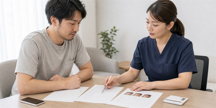 ヒゲ脱毛モニターの契約条件を相談する男性