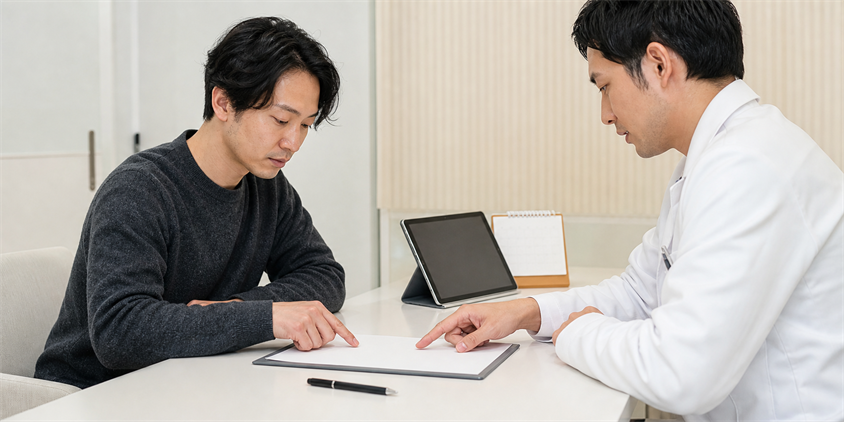ヒゲ脱毛の契約条件を医師と確認する男性