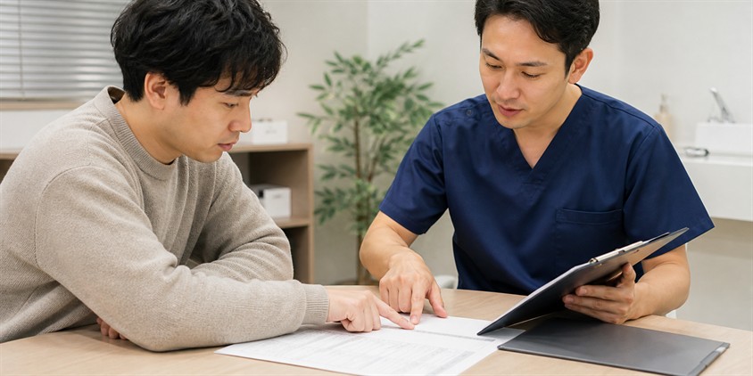 ヒゲ脱毛の契約書と見積書を確認する男性