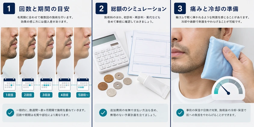ヒゲ脱毛の回数と期間、総額、痛みと冷却の準備をまとめた図解
