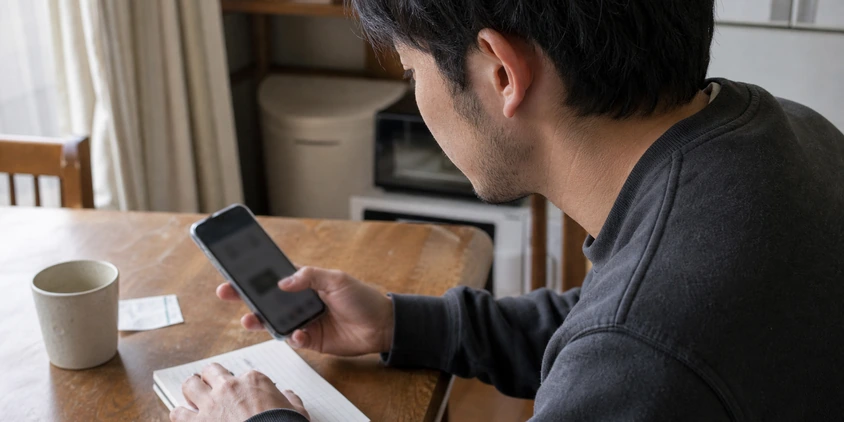 自宅でスマートフォンを使いヒゲ脱毛クリニックを調べる男性