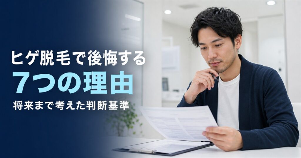 「ヒゲ脱毛で後悔する7つの理由」の文字と、契約書類を確認する男性