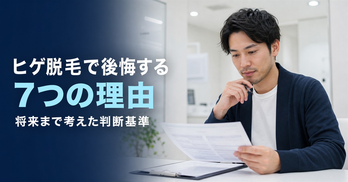 「ヒゲ脱毛で後悔する7つの理由」の文字と、契約書類を確認する男性