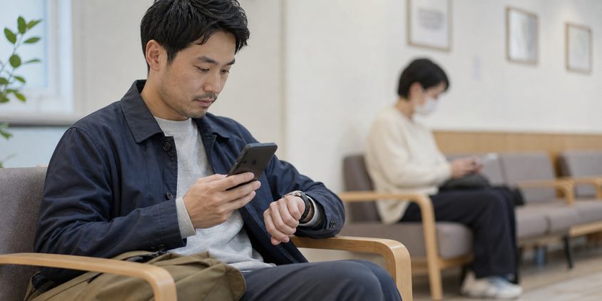 予約時刻を確認しながら待つ男性