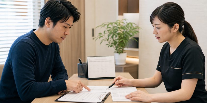 ヒゲ脱毛の予約条件と契約内容を確認する男性