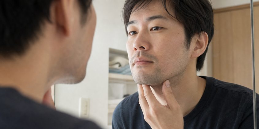ヒゲ脱毛後の毛量を鏡で確認する男性