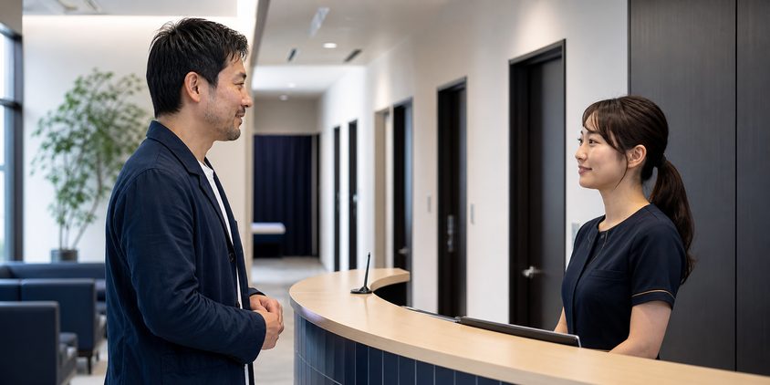 清潔な男性向けクリニックで受付を受ける男性